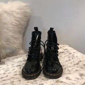 Dr. Martens Black Patent Leather Combat Boots with Yellow Stitching